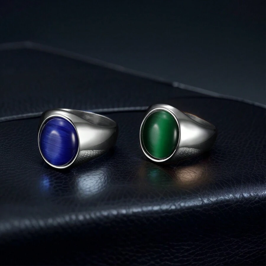 1 件復古奢華貓眼石銀色戒指男士時尚不銹鋼首飾最好的朋友宴會禮物 - 男士戒指 - 查看 1