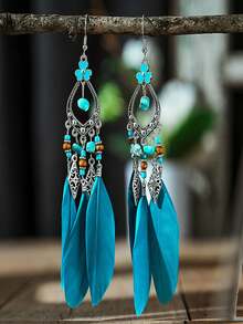 新款女士羽毛吊墜耳環,不規則天然石墜飾,空心鋅合金耳針耳環 - 墨綠色 - 查看 7