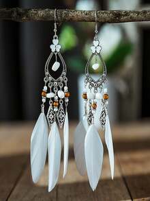 新款女士羽毛吊墜耳環,不規則天然石墜飾,空心鋅合金耳針耳環 - 墨綠色 - 查看 6