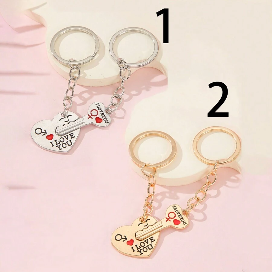 2件情侶鑰匙扣,創意情人節鑰匙扣,英文銘文l Love You,情侶箭穿心情人節禮物,紀念餽贈品 - 銀色 - 查看 1