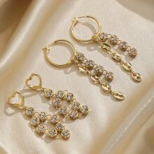 1pair Fashionable & Exquisite Luxury Style 18k Gold Plated Copper & Cubic Zirconia Inlaid Tassel Earrings, Versatile For Ladies' Banquets And Parties - Gold - View 3