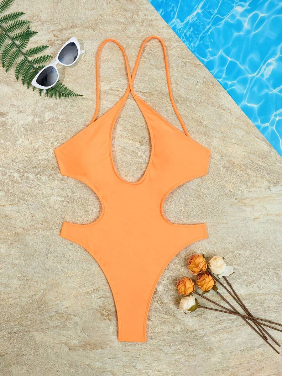 1pc Women's Sexy Nylon Solid Color Spaghetti Strap Backless One-Piece Swimsuit, For Summer Beach Vacation - Orange - View 1