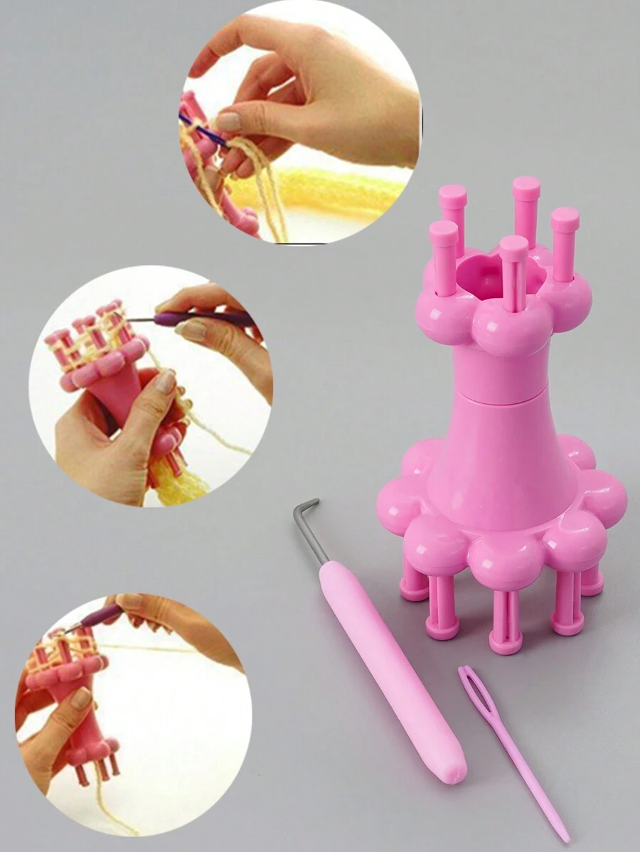 1套diy編織工具勾織花安排器紡織機針編織繩子勾織工具粉色 - 粉色 - 查看 1