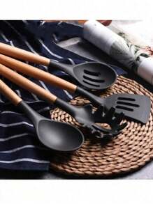 12 Pieces Kitchen Utensils With Buckets Wooden Handle Storage Buckets Non-Slip Kitchen Tools Silicone Spoons - Black - View 8