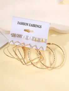 12pcs/Set Simple & Elegant Heart Shaped, Round & Square Metallic Dangle Earrings, Fashionable & Versatile, Suitable For Daily Wear By Women - Multicolor - View 3