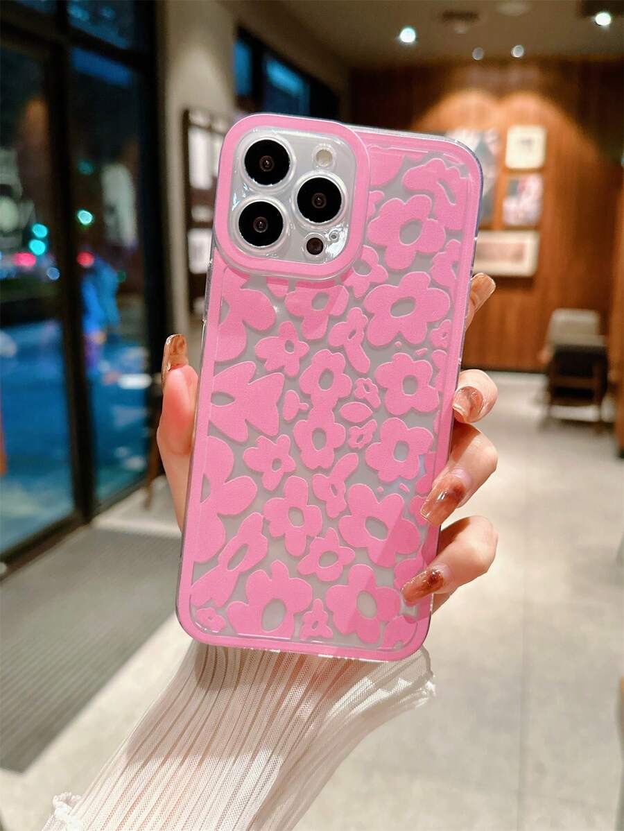 1pc Pink Flower & Ripple Texture Phone Case Compatible With IPhone 14plus/13promax/12/11/7g/7p/Ix/Xr/Xsmax With Non-Slip Design & Camera Hole - Multicolor - View 1