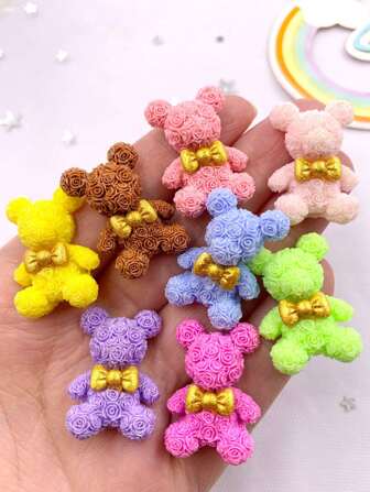 8个随机混合树脂可爱彩色玫瑰熊卡通蝴蝶结平底石摆件剪贴簿DIY蝴蝶结装饰情人节婚礼配件工艺品情人节夏季学校