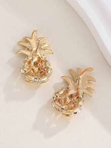 1pair Hollow Out Pineapple Design Earrings With Rhinestone Detail, Sweet Style, Suitable For Daily Wear By Women - Gold - View 2