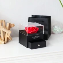 1pc Lifelike Rose Preserved Flower Black Jewelry Box, Acrylic Gift Case For Party Or Festival Souvenir (With Gift Bag And Card) - Black - View 5