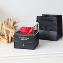 1pc Lifelike Rose Preserved Flower Black Jewelry Box, Acrylic Gift Case For Party Or Festival Souvenir (With Gift Bag And Card) - Black - View 6