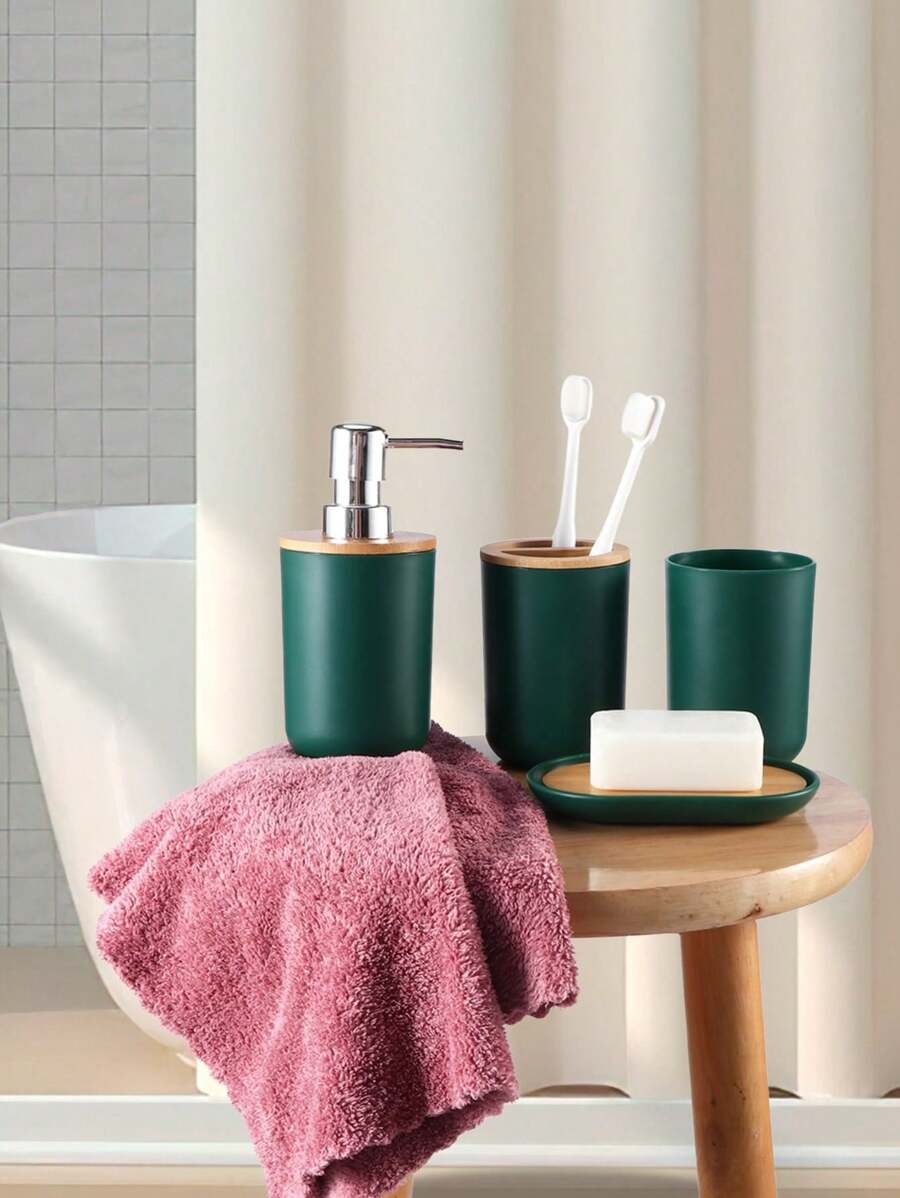 一套四件简约深绿色浴室配件，可重复使用的竹制盖牙刷架，家居浴室装饰 - 墨綠色 - 查看 1
