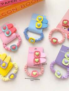 3pcs/Set Children Candy-Colored Hairclip Set, Includes Heart-Shaped Hairpin, Side Oval Hairclip, Bowknot Scrunchie - Multicolor - View 2