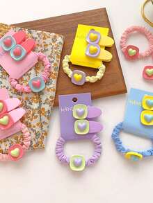 3pcs/Set Children Candy-Colored Hairclip Set, Includes Heart-Shaped Hairpin, Side Oval Hairclip, Bowknot Scrunchie - Multicolor - View 3