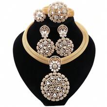 義大利金色水晶首飾套裝,包括項鍊、耳環、手鍊和戒指,適合非洲新娘派對或女士結婚禮物 - 米色 - 查看 2