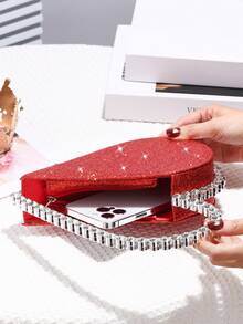 水鑽裝飾閃亮心形新穎手拿包,優雅閃光紋理手提包,經典創意晚餐包,非常適合派對、舞會、婚禮、生日禮物、情人節禮物 - 紅色 - 查看 8