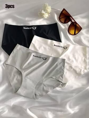 3 件装女士纯色可爱笑脸无缝透气中腰三角裤