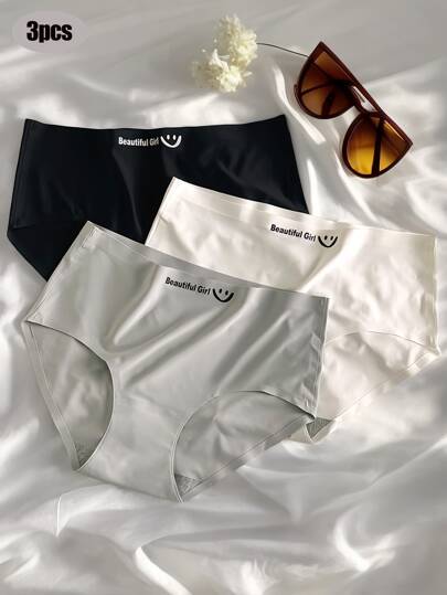 3pcs Women's Solid Color Cute Smiling Face Seamless Breathable Mid-Rise Briefs