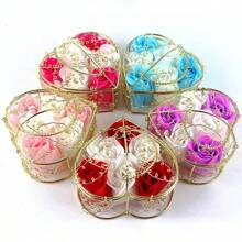 6pcs Heart-Shaped Rose Soap Flowers In A Hollow Iron Basket For Wedding Decoration, Birthday, And Gift - Multicolor - View 3