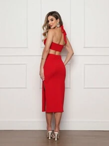 Vestido Feminino Mid Fenda Lateral Multiformas Amarrar Com Bojo Anarruga - Vermelho - Visão 3