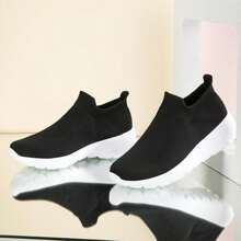 新款女士休閒運動鞋，透氣鞋面，舒適耐穿鞋底，簡約純色設計，百搭時尚 - 白黑 - 查看 4