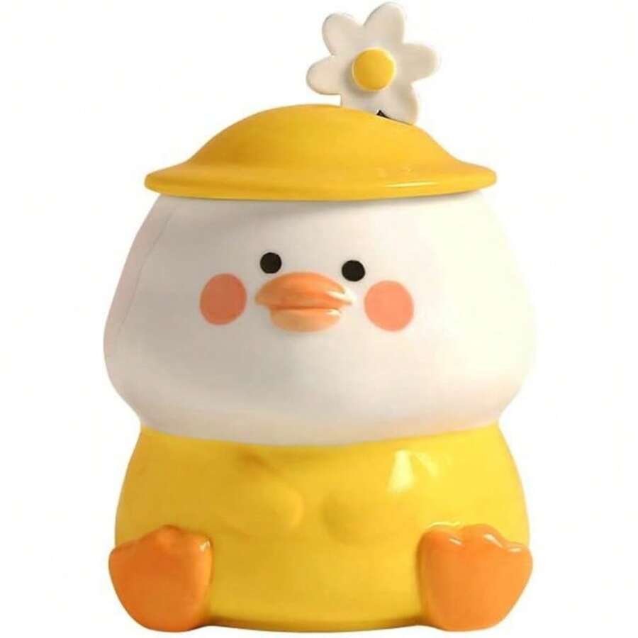 Cute 3D Duck Coffee Mug,Funny Duck Ceramic Coffee Cup With Hat Lid And Lovely Flower Spoon,Suit For Mug Warmer,Novelty Morning Mug Christmas Birthday Present For Office Friends Women Girls - 黃色 - 查看 1