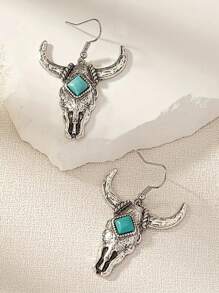 1pair European & American Vintage Western Cowboy Style Alloy Cattle Head & Turquoise Inlay Texture Dangle Earrings For Women - Multicolor - View 3