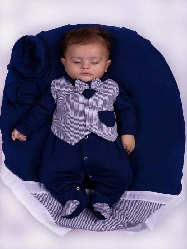 Saida de Maternidade Menino Azul Colete 05 peças Lucca Listrado