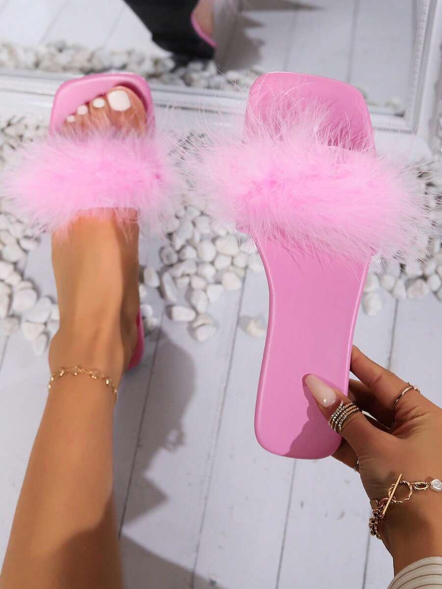 Women's Flat Fur Slippers With Toe Ring, Summer Fairy Style Beach Sandals, Korean Versatile, Internet Celebrity Outfit - Pink - View 1