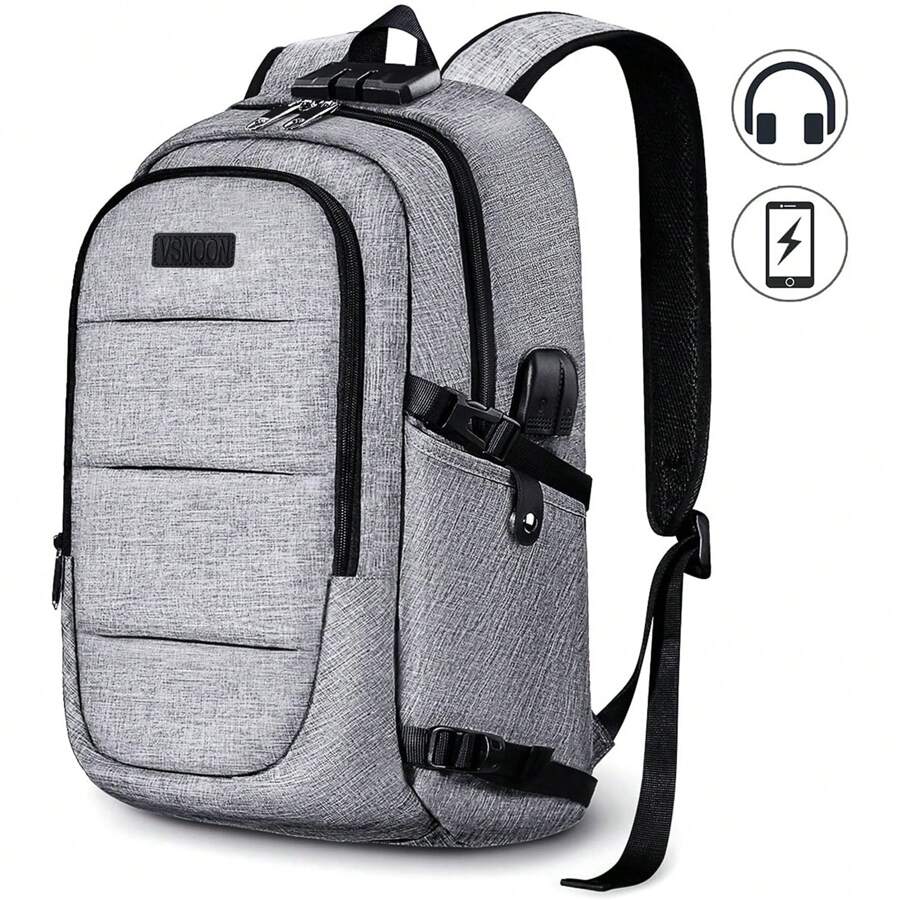 VSNOON Anti-Theft Laptop Backpack, 17.3 Inch Business Laptop Rucksack Bag With USB Charging Port & Lock, Water Resistant Travel Backpack Computer Bag For Women Men, Travel Work Bag - Grey - View 1