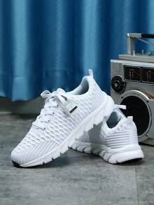 男款白色一腳蹬運動鞋,3d 編織網眼鞋面,可拆式吊牌,輕便,舒適,柔軟,適合跑步、散步、健身 - 白色 - 查看 3