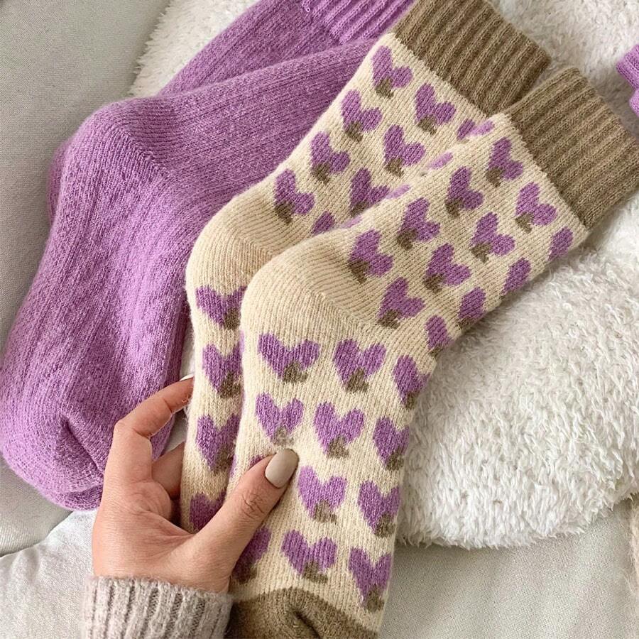 2雙單一尺寸紫色心形刺繡加厚針織暖和中筒女襪,2024年新年和情人節活動用襪子 - 紫色 - 查看 1
