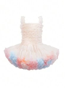 年輕女孩1入組可愛甜美公主風格蕾絲肩帶蓬鬆蛋糕層短裙洋裝，適合春夏派對和沙灘穿著 - 米色 - 查看 4