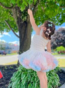 年輕女孩1入組可愛甜美公主風格蕾絲肩帶蓬鬆蛋糕層短裙洋裝，適合春夏派對和沙灘穿著 - 米色 - 查看 3