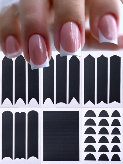 6pcs/Set French Manicure Nail Stickers Guide, Nail Art Striped Wave Line Stencil Template Tape Stickers Hollow Template Decor Nails Nail Supplies