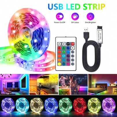 5V Indoor LED Light 3.28FT To 98.4FT Color Changing RGB LED Light Strip With 24 Key Remote Control LED Light Strip, Used For Room, Home, Kitchen, Cabinet Decoration, Party LED Light