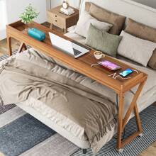 Tribesigns Overbed Table, 70.9" Queen Size Bed Table Over Bed Desk With Adjustable Tilt Board, Mobile Laptop Cart Computer Desk With 2 AC Outlets & 2 USB Ports On Wheels For Home/Hospital, Brown - Brown - View 2