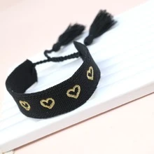 1條復古刺繡愛心 & 手工編織波西米亞風情手鍊,適合情侶、友人祝福手鍊 - 黑色 - 查看 4