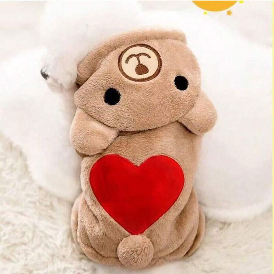 1pc Coral Fleece Thick Heart Shaped Pet Costume, Fits Small To Medium Pets, Warm - Coffee Brown - View 1