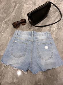 Women Denim Shorts - 淺色水洗藍 - 查看 3