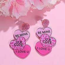 1副玫瑰紅色心形設計be Mine U R Cute Love U印花掛式耳環trio耳環可愛風格情人節禮物 - 粉色 - 查看 1