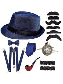 14入組 1920 年代男士配件 1920 年代男士服裝 1920 年代男士配件 Roaring 20 年代帶懷錶/假鬍子/男士軟呢帽 - 酒紅色 - 查看 2