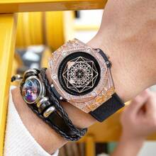 ONOLA 品牌 Iced Out 奢华钻石手表男士皮革防水石英手表礼物 - 黑色 - 查看 7