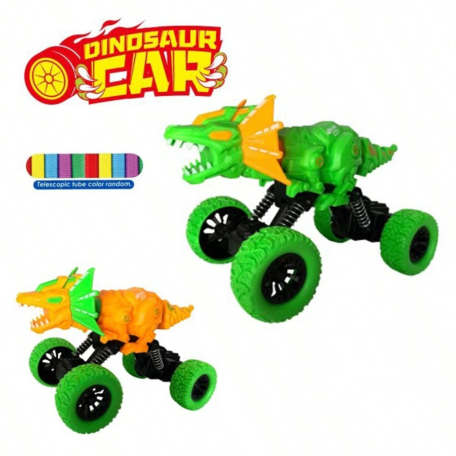 1pc Stretchable Dinosaur Inertial Car, T-Rex, Velociraptor, Pterosaur, Triceratops, Stegosaurus With Light, Extending Head And Tail - Dilophosaurus Inertial Toy Car (random Color) - View 1