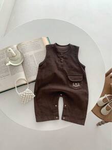 Baby Girl Fashionable Simple Corduroy Knit Round Neck Jumpsuit (One Piece) - Brown - View 1
