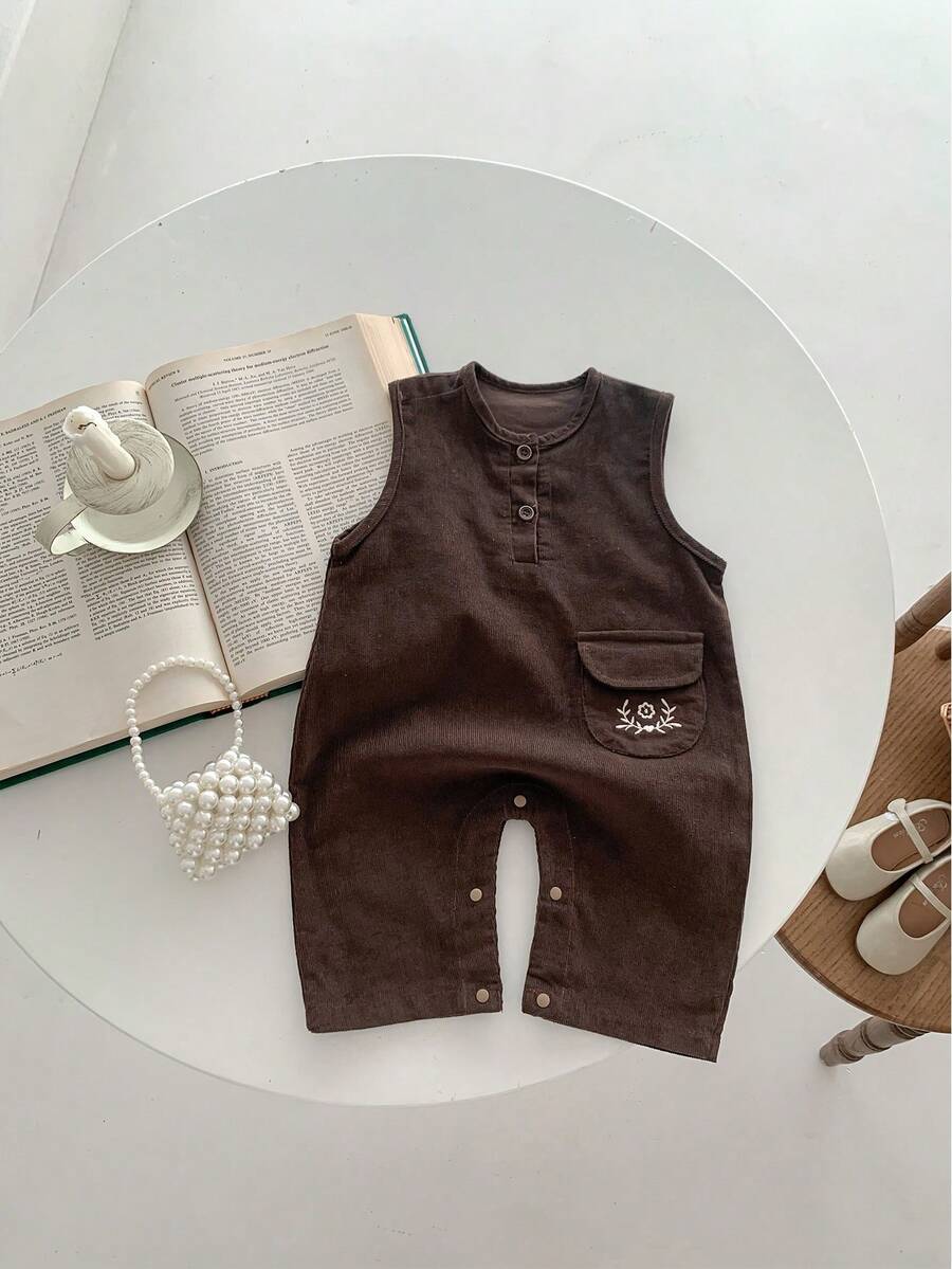 Baby Girl Fashionable Simple Corduroy Knit Round Neck Jumpsuit (One Piece) - Brown - View 1