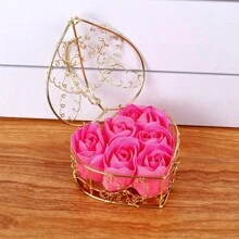 6pcs Heart-Shaped Rose Soap Flowers In A Hollow Iron Basket For Wedding Decoration, Birthday, And Gift - Multicolor - View 14