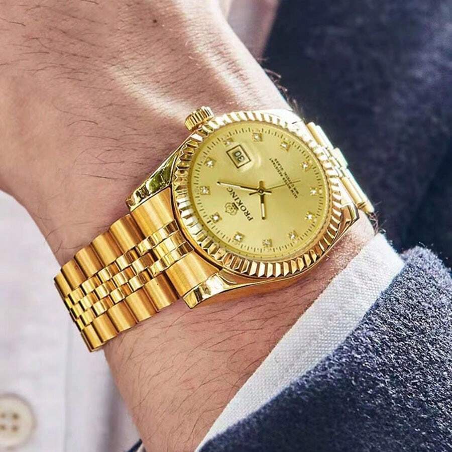 Proking男士防水金色石英手錶,五珠裝飾,商務風格,高端與奢華,鋼帶 - 金色 - 查看 1