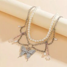 Unique Style Jewelry Design, Chic Y2k Butterfly & Pearl Choker Summer Necklace For Women - Silver Butterfly - View 4