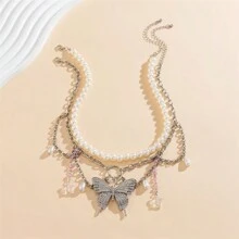 Unique Style Jewelry Design, Chic Y2k Butterfly & Pearl Choker Summer Necklace For Women - Silver Butterfly - View 3