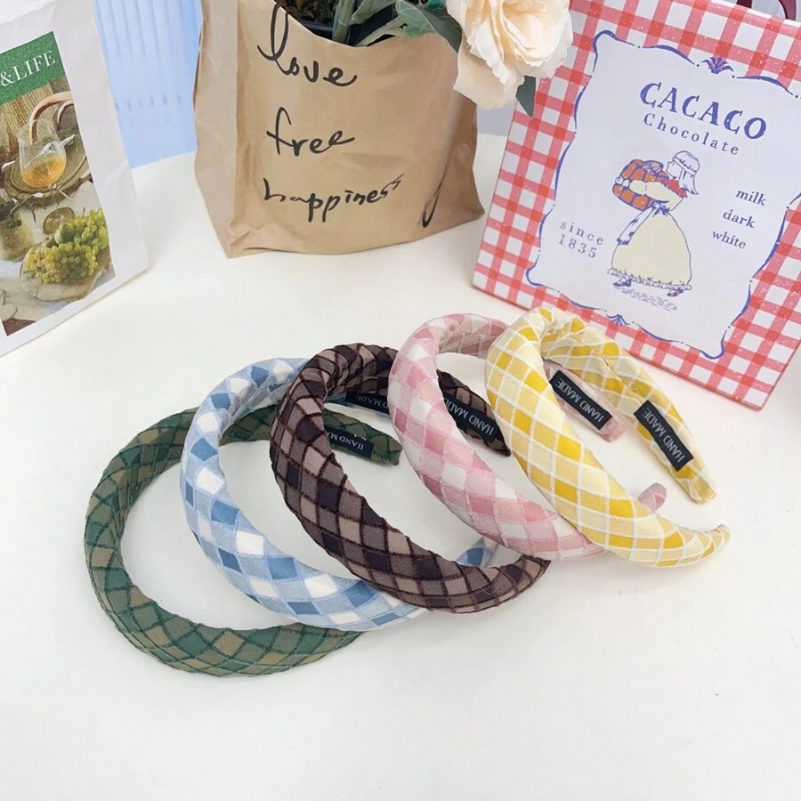 1入組女式復古格子海綿加墊高頭帶,適用於洗臉、戶外和學院風頭飾